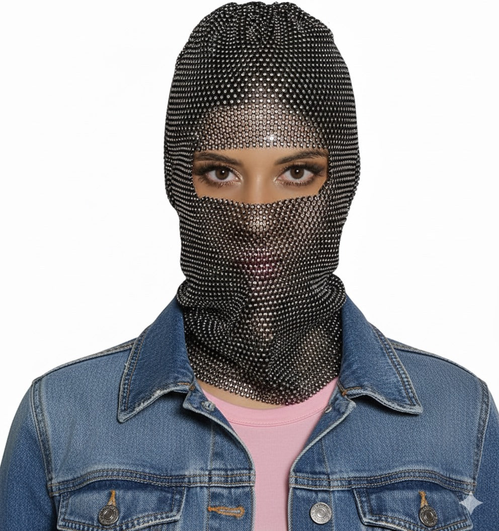 PartyArt - Full coverage mask with rhinestones and custom hood for women, 280 black, Único, 280 Black, One size - PuriLite