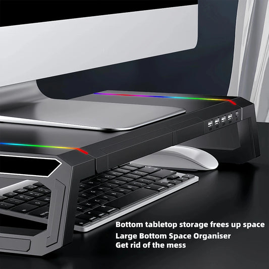🔌 Purilite Select™ RGB Monitor Stand Riser with 4 USB Ports & Storage Drawer - PuriLite