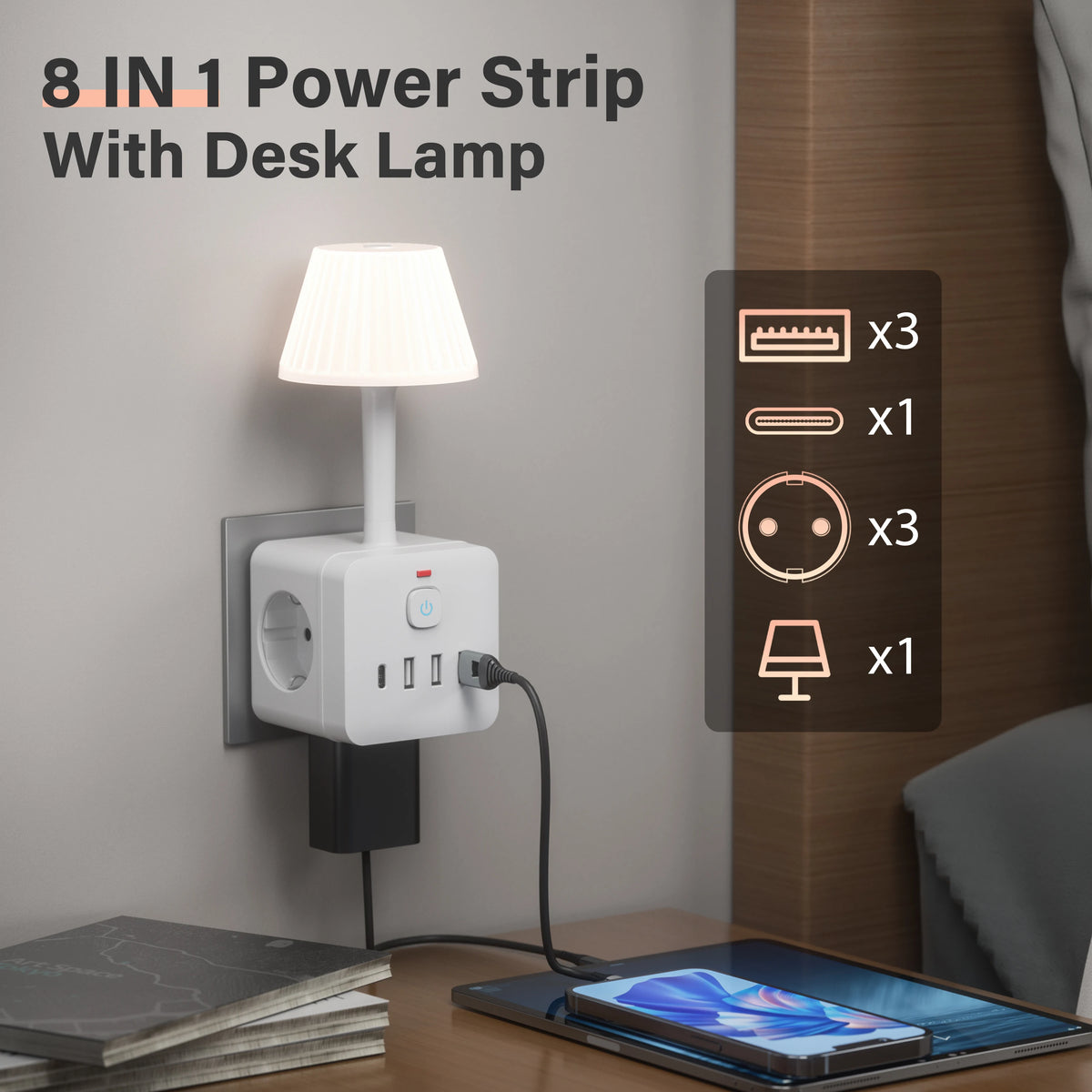 Purilite Select 3-Outlet Power Strip – Power Strip with Adjustable Brightness Desk Lamp & Tabletop Charging Station – 3 USB-A & 1 USB-C Ports – Surge Protection - PuriLite