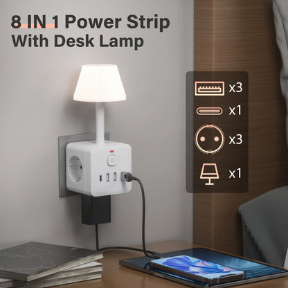 Purilite Select 3-Outlet Power Strip – Power Strip with Adjustable Brightness Desk Lamp & Tabletop Charging Station – 3 USB-A & 1 USB-C Ports – Surge Protection - PuriLite
