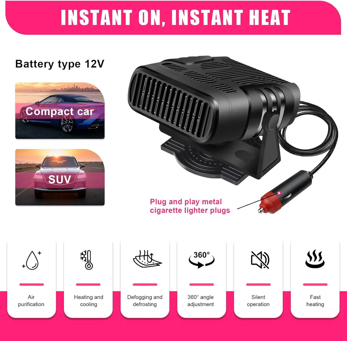 Purilite Select – Portable Car Heater and Windshield Defogger with 360° Rotating Base - PuriLite