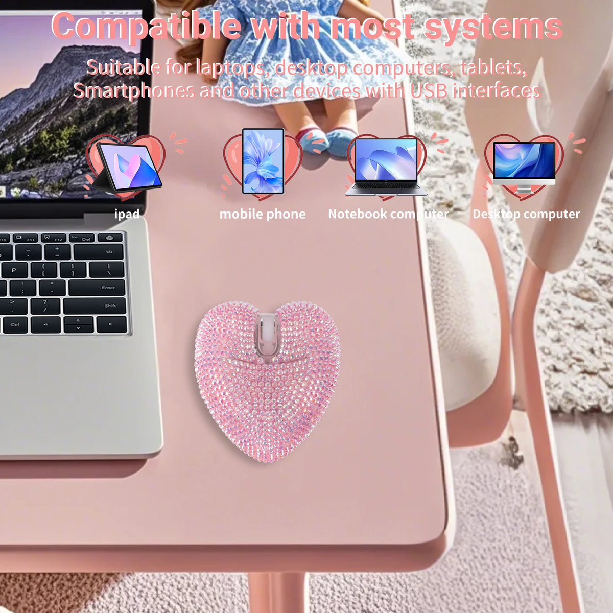 Purilite Select | Wireless Pink Dual-Mode Diamond Heart Mouse | Type-C Rechargeable Bluetooth Optical Ergonomic Mouse | Cute Mini Heart-Shaped Laptop Mouse for Girls - PuriLite