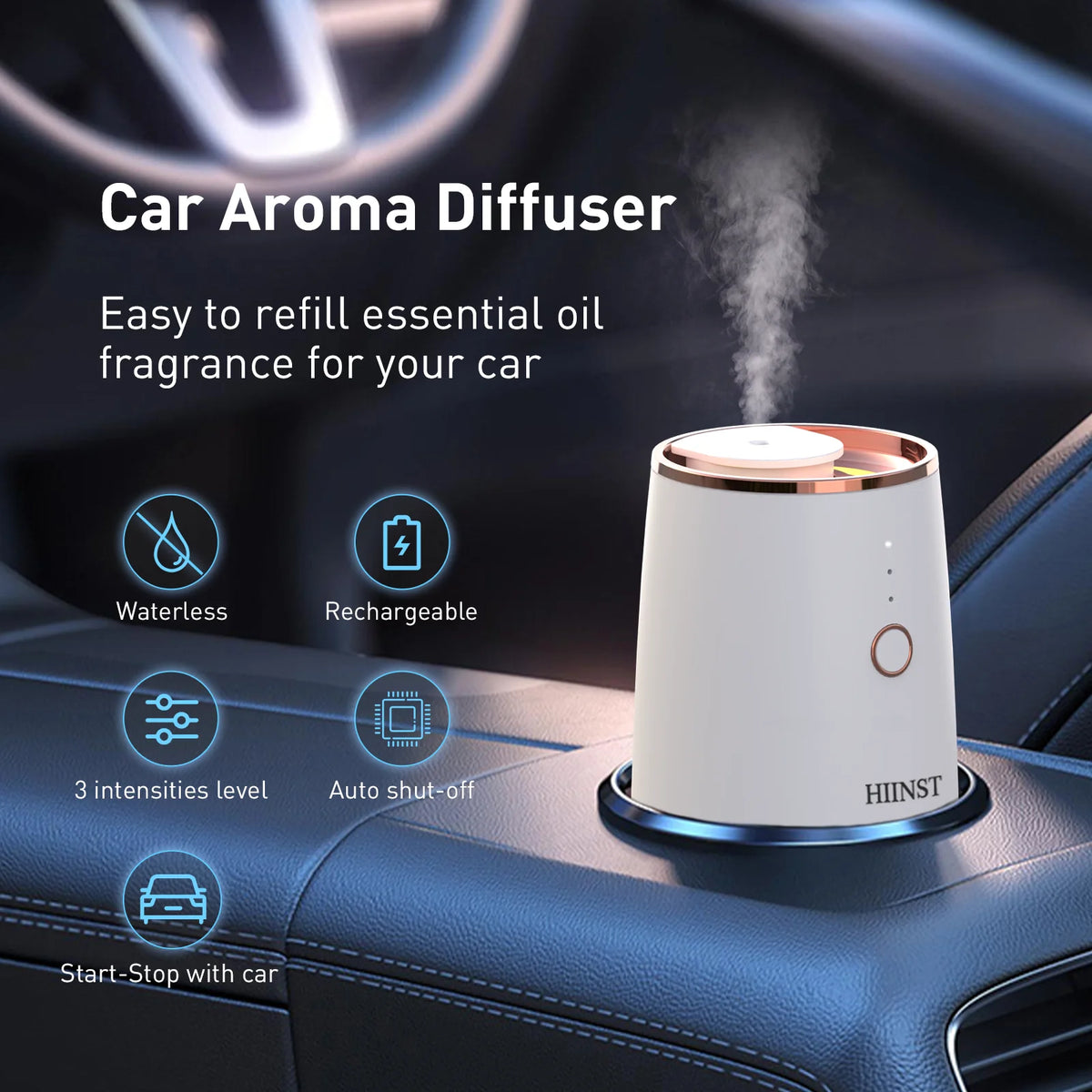 Purilite Select USB Rechargeable Essential Oil Diffuser – Smart Start-Off Car Air Freshener with 9-Color LED Lights - PuriLite