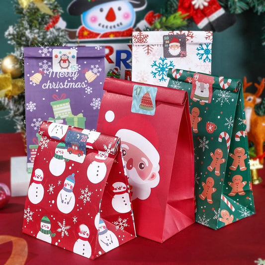 Purilite Select Kraft Paper Christmas Gift Bags – 8pcs/12pcs Santa Claus & Snowman Design | Eco-Friendly Holiday Candy & Cookie Bags - PuriLite