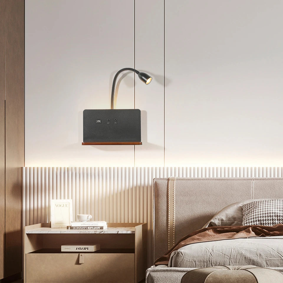 Purilite Select LED Wall Lamp – Indoor LED Lamp – 360° Rotatable Wall Light with USB Port & Wireless Charging – Modern Bedside Night Light with Switch - PuriLite