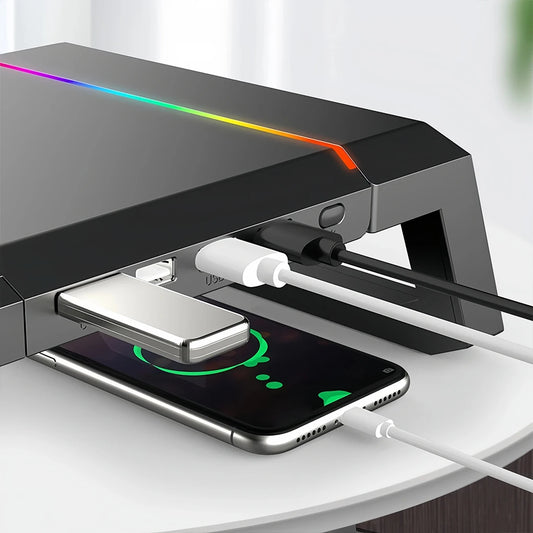 🔌 Purilite Select™ RGB Monitor Stand Riser with 4 USB Ports & Storage Drawer - PuriLite