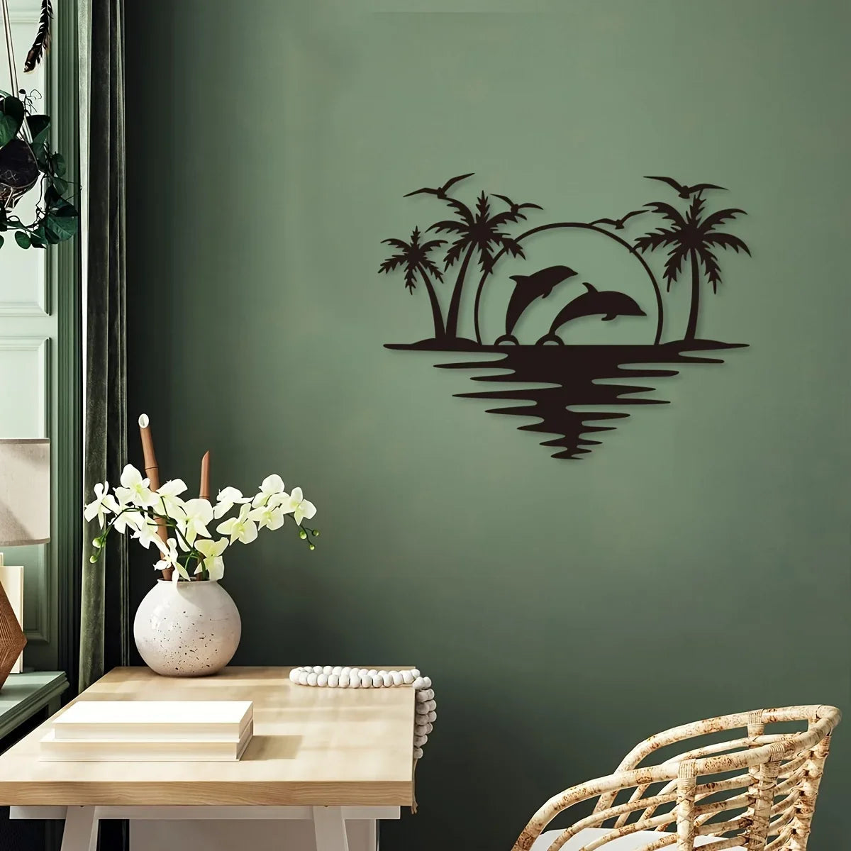 Purilite Select Creative Dolphin & Coconut Tree Beach Iron Wall Art | Indoor & Outdoor Metal Crafts Decoration for Living Room, Bedroom, Hallway, or Patio - PuriLite