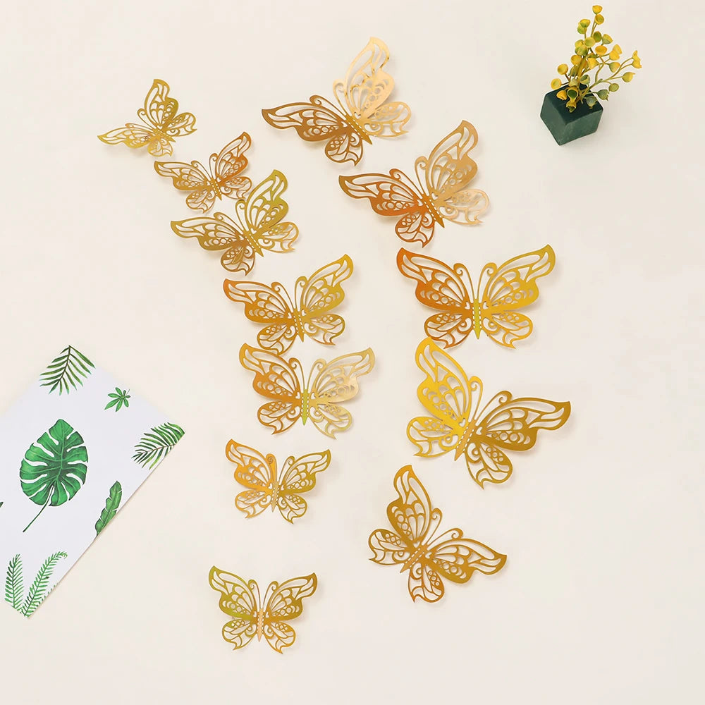 Purilite Select 12-Piece Gold Hollow Butterfly Wall Sticker Set – 3D Decorative Butterflies for Home, Wedding, and Garden Décor - PuriLite