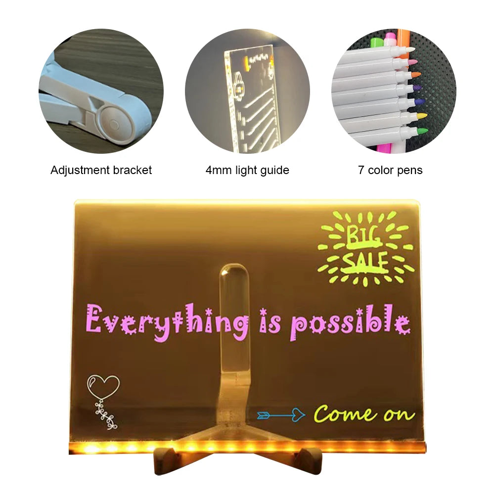 Purilite Select LED Light-Up Acrylic Message Board with 7 Colorful Pens – Rewritable DIY Drawing and Glowing Memo Board for Kids, Home, School, and Office - PuriLite