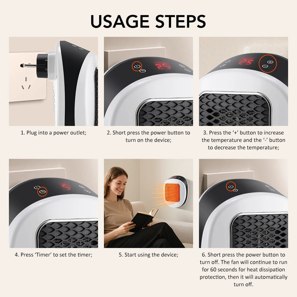 600W Portable Electric Heater EU Small Bathroom Fast Heating Fans Bedroom Heater Home Use Warming Device with Remote Control - PuriLite
