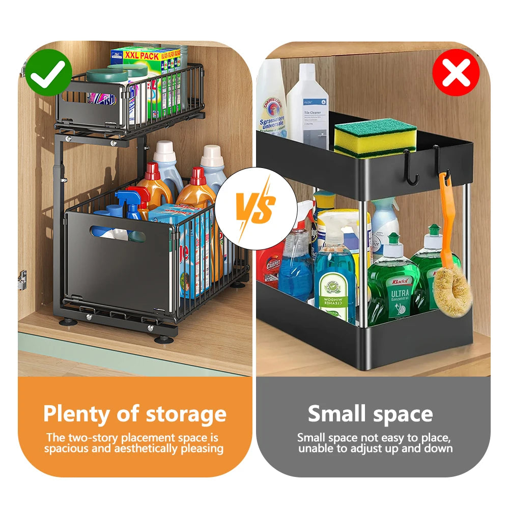Purilite Select 2 Tier Pull Out Cabinet Organizer - Adjustable Under Sink Kitchen Storage Rack with Slide Out Drawers - PuriLite