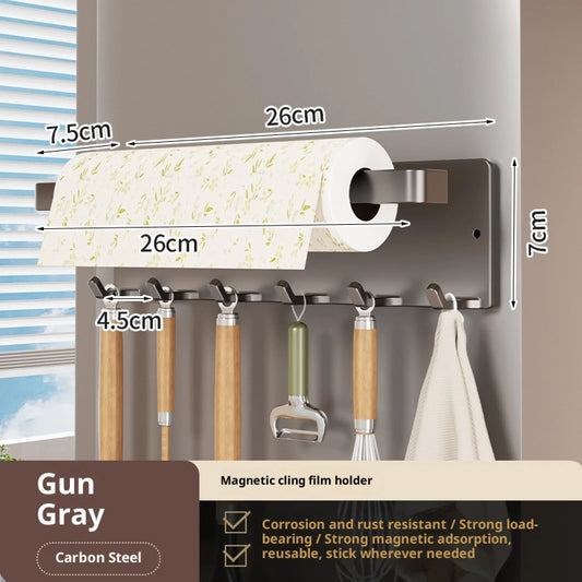 Purilite Select Magnetic Paper Towel Holder with 6 Hooks No Drill Refrigerator Organizer Kitchen Roll Rack for Utensils Towels and Accessories