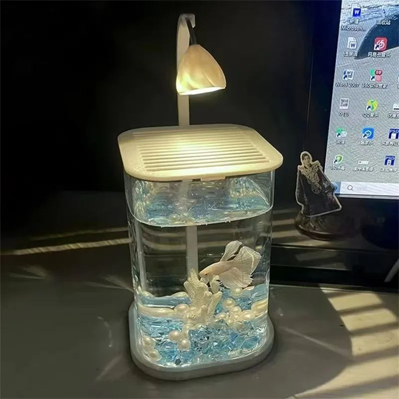 Mini Desktop Glass Aquarium Fish Tank with LED Light For Kids Betta Fish - PuriLite