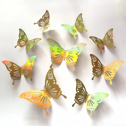 Purilite Select 12-Piece Gold Hollow Butterfly Wall Sticker Set – 3D Decorative Butterflies for Home, Wedding, and Garden Décor - PuriLite