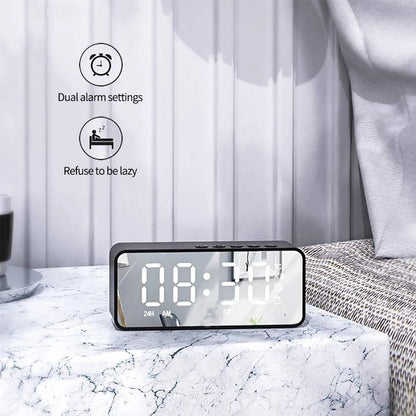 Purilite Select – LED Mirror Digital Alarm Clock with Bluetooth Speaker &amp; FM Radio Multifunctional Desktop Clock | Wireless Audio | USB Rechargeable - PuriLite