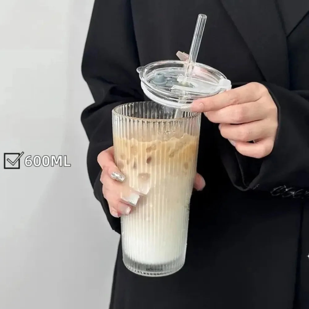 Purilite Select 600ml Stripe Glass Cup with Lid and Straw - PuriLite