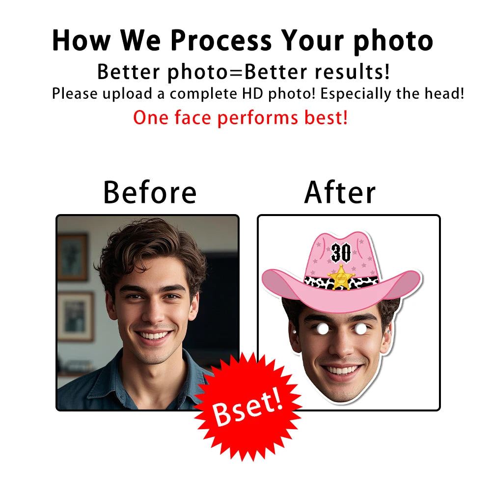 Purilite Select 3PCS Customized Face Mask Set Western Denim Cowboy Hat Style | Personalized Photo Masks for Parties & Events - PuriLite