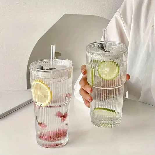 Purilite Select 600ml Stripe Glass Cup with Lid and Straw - PuriLite