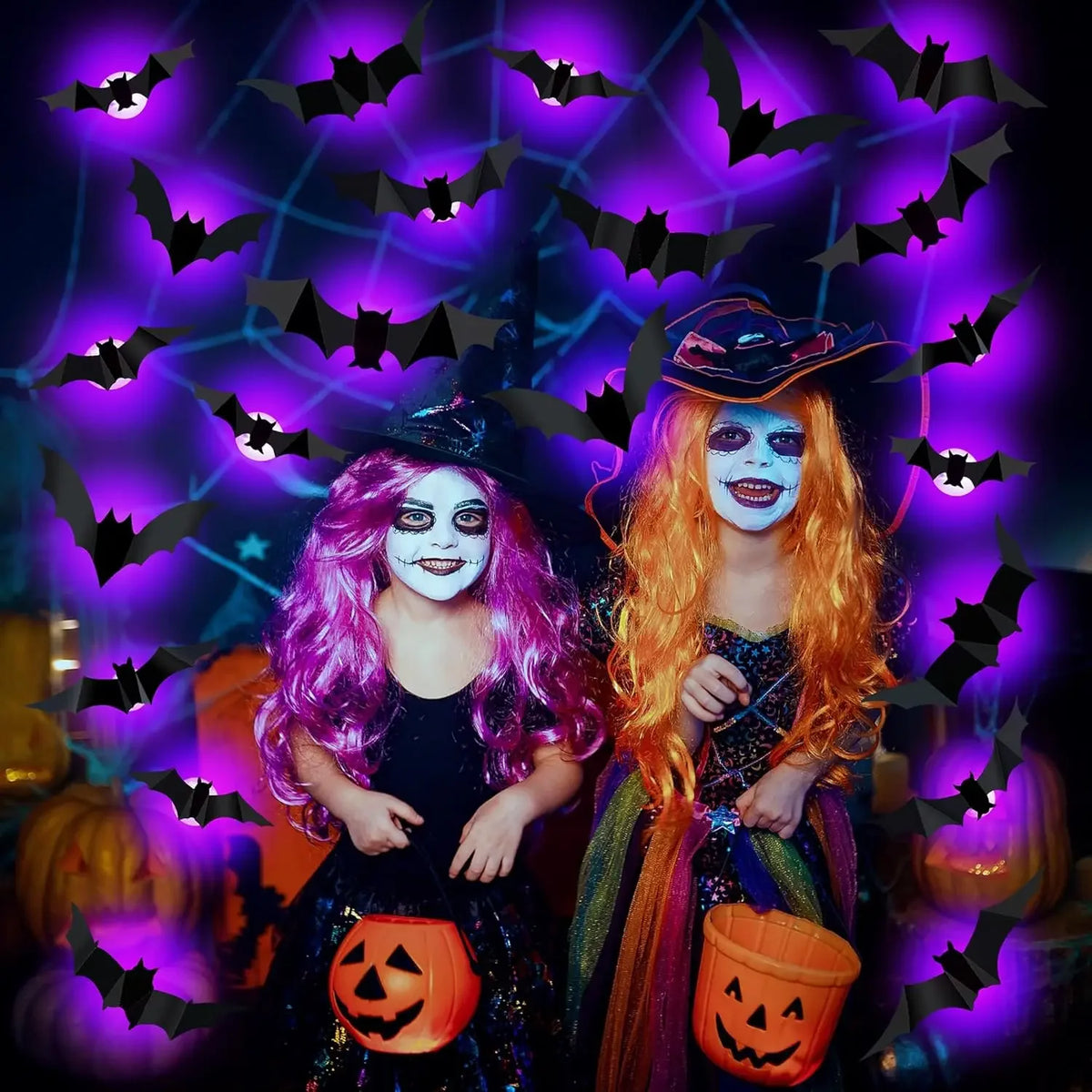 Purilite Select 3D Halloween Bat & Spider Night Light – Purple/Green LED Wall Stickers | Self-Adhesive Spooky Décor for Halloween Party & Home Decoration - PuriLite