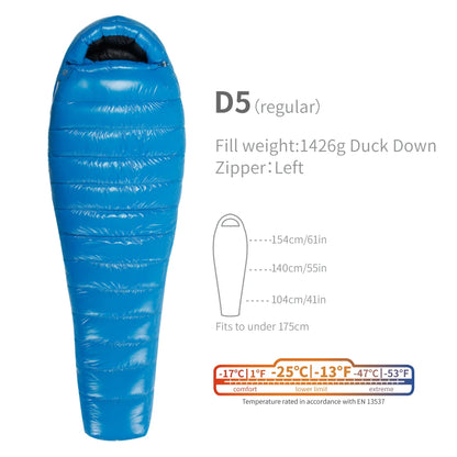 Purilite Select Lightweight Duck Down Sleeping Bag | Cold Weather Backpacking & Camping Mummy Sleeping Bag