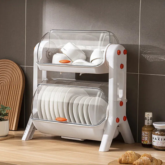 Purilite Select Double-Layer Tableware Storage Rack – Kitchen Bowl and Plate Organizer with Lid, Draining Dish Rack for Household Cupboards - PuriLite