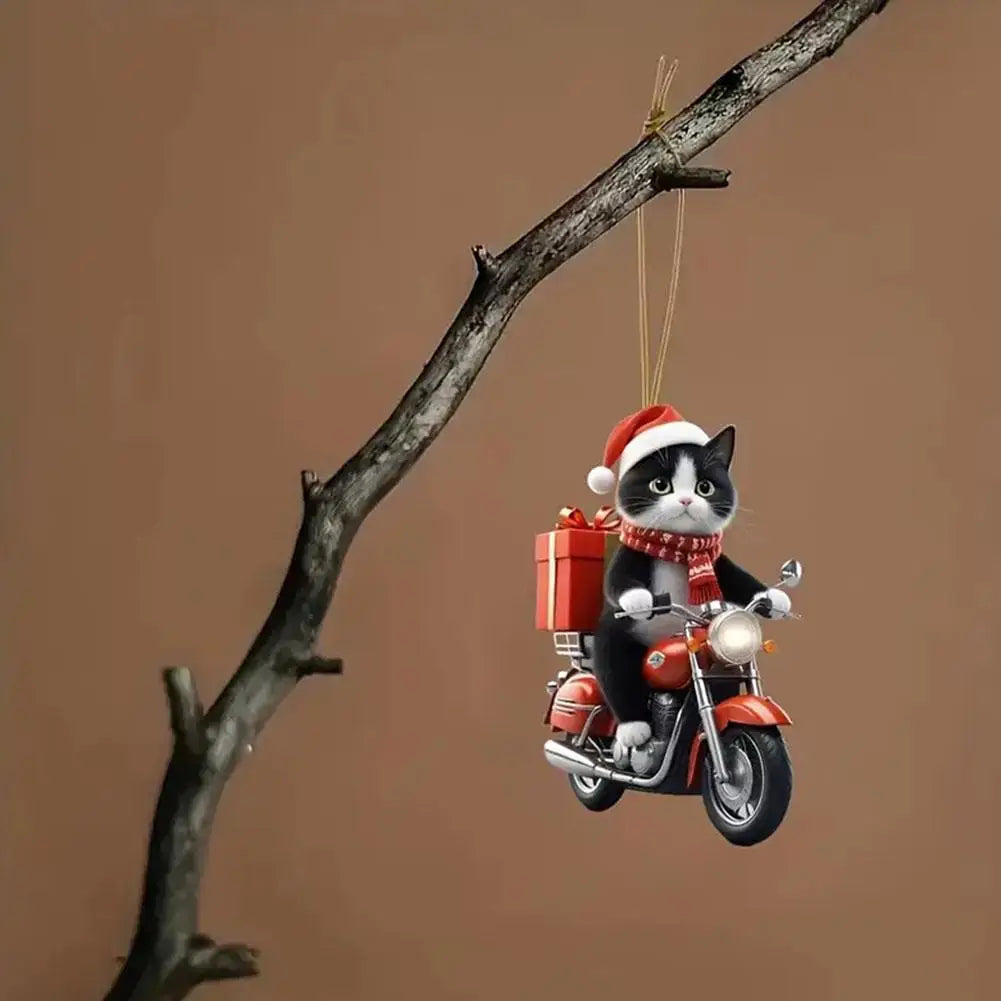Purilite Select Motorcycle Cat Acrylic Hanging Ornament – Cute 2D Flat Kitten Pendant for Car, Christmas Tree & Home Décor - PuriLite