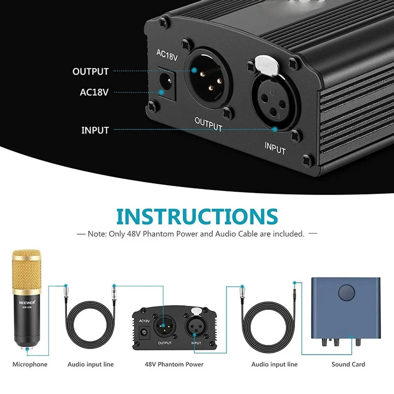 Purilite Select | 48V Phantom Power Supply with Adapter + XLR 3-Pin Microphone Cable | For Any Condenser Microphone | Recording Equipment - PuriLite