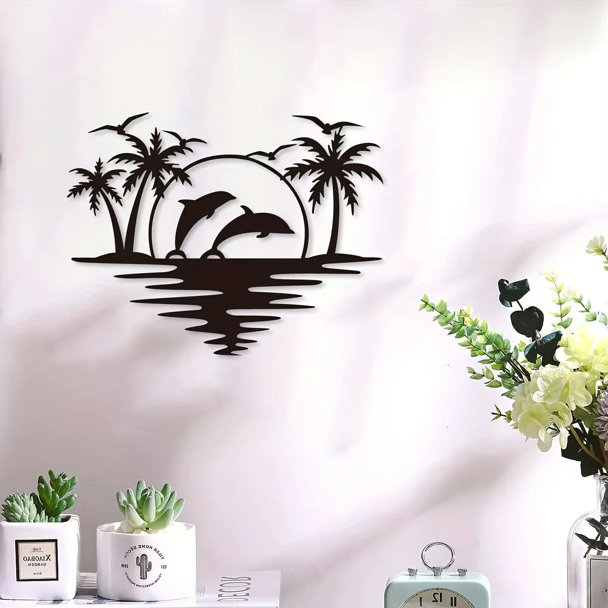 Purilite Select Creative Dolphin & Coconut Tree Beach Iron Wall Art | Indoor & Outdoor Metal Crafts Decoration for Living Room, Bedroom, Hallway, or Patio - PuriLite