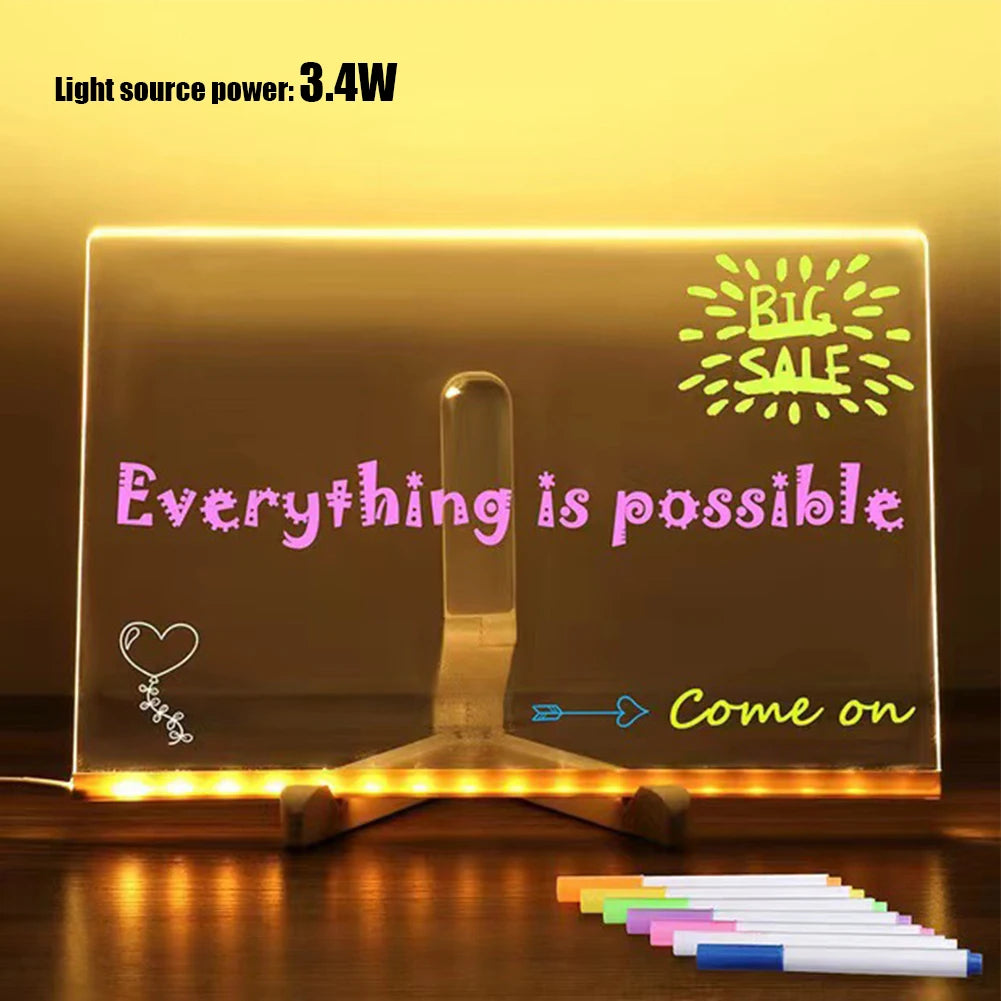 Purilite Select LED Light-Up Acrylic Message Board with 7 Colorful Pens – Rewritable DIY Drawing and Glowing Memo Board for Kids, Home, School, and Office - PuriLite