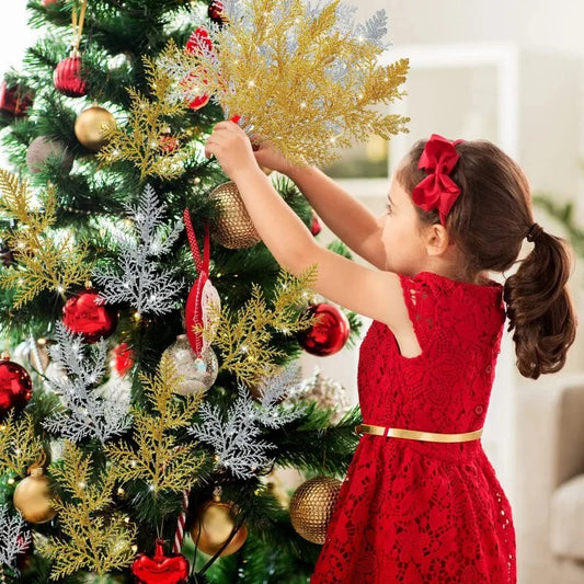 Purilite Select 5Pcs Glitter Artificial Pine Branches – Christmas Gold Leaves Ornament Set | Sparkling Xmas Tree & Home Decoration - PuriLite