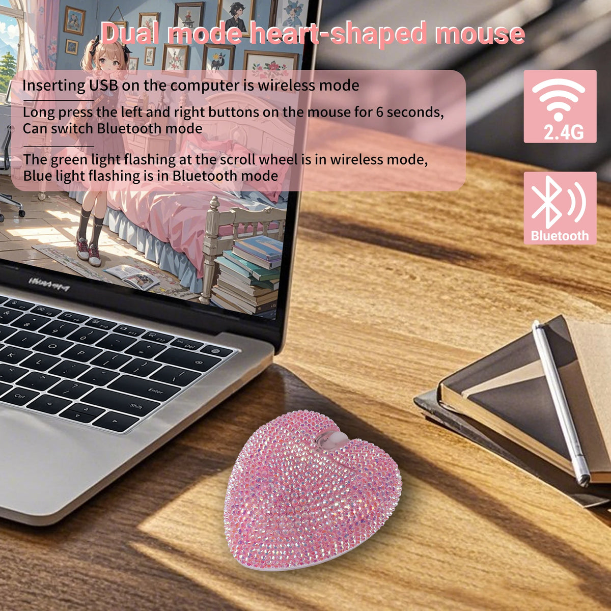 Purilite Select | Wireless Pink Dual-Mode Diamond Heart Mouse | Type-C Rechargeable Bluetooth Optical Ergonomic Mouse | Cute Mini Heart-Shaped Laptop Mouse for Girls - PuriLite