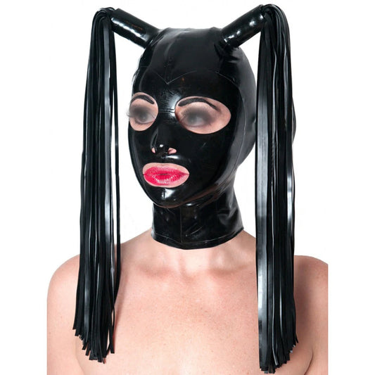 Purilite Select Black Latex Hood with Double Ponytail Wigs Zippered Rubber Mask for Cosplay & Party Wear - PuriLite