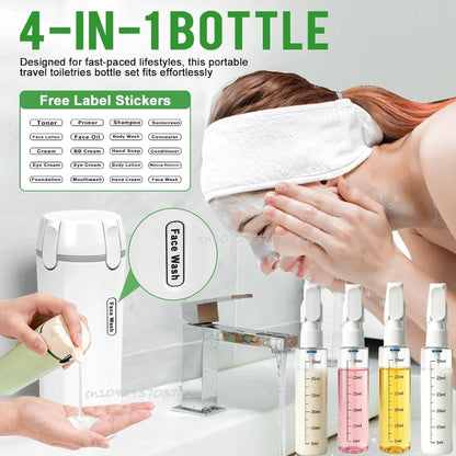 Purilite Select 4-in-1 Travel Dispenser Bottle | Portable Leak-Proof Refillable Travel Bottles for Shampoo, Lotion, Perfume & Toiletries