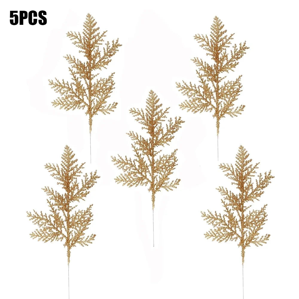 Purilite Select 5Pcs Glitter Artificial Pine Branches – Christmas Gold Leaves Ornament Set | Sparkling Xmas Tree & Home Decoration - PuriLite