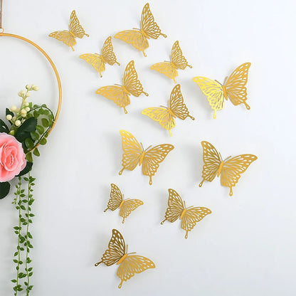 Purilite Select 12-Piece Gold Hollow Butterfly Wall Sticker Set – 3D Decorative Butterflies for Home, Wedding, and Garden Décor - PuriLite
