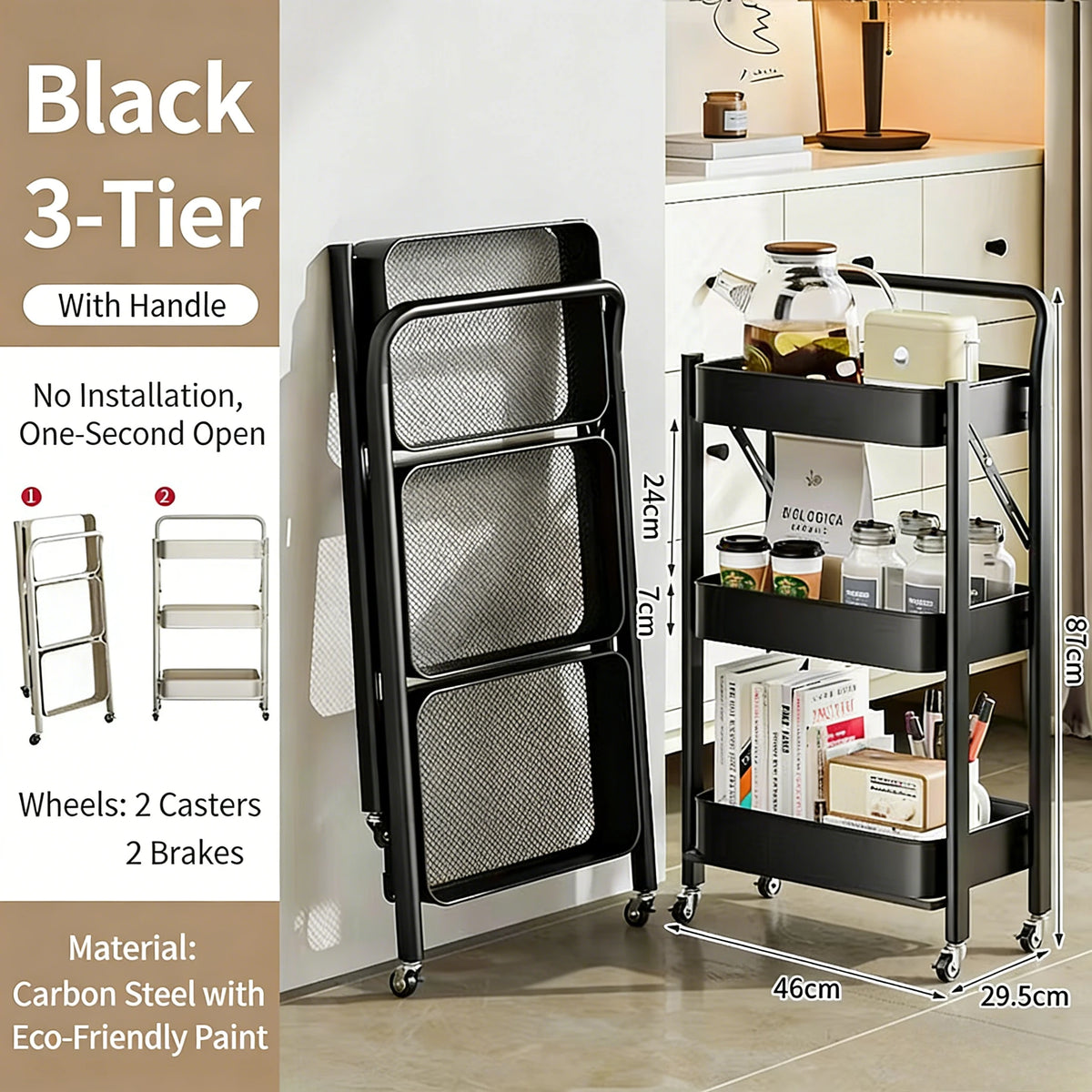 Purilite Select Foldable 3-Tier Storage Cart Carbon Steel Rolling Organizer Rack with Wheels for Kitchen Bedroom and Home - PuriLite