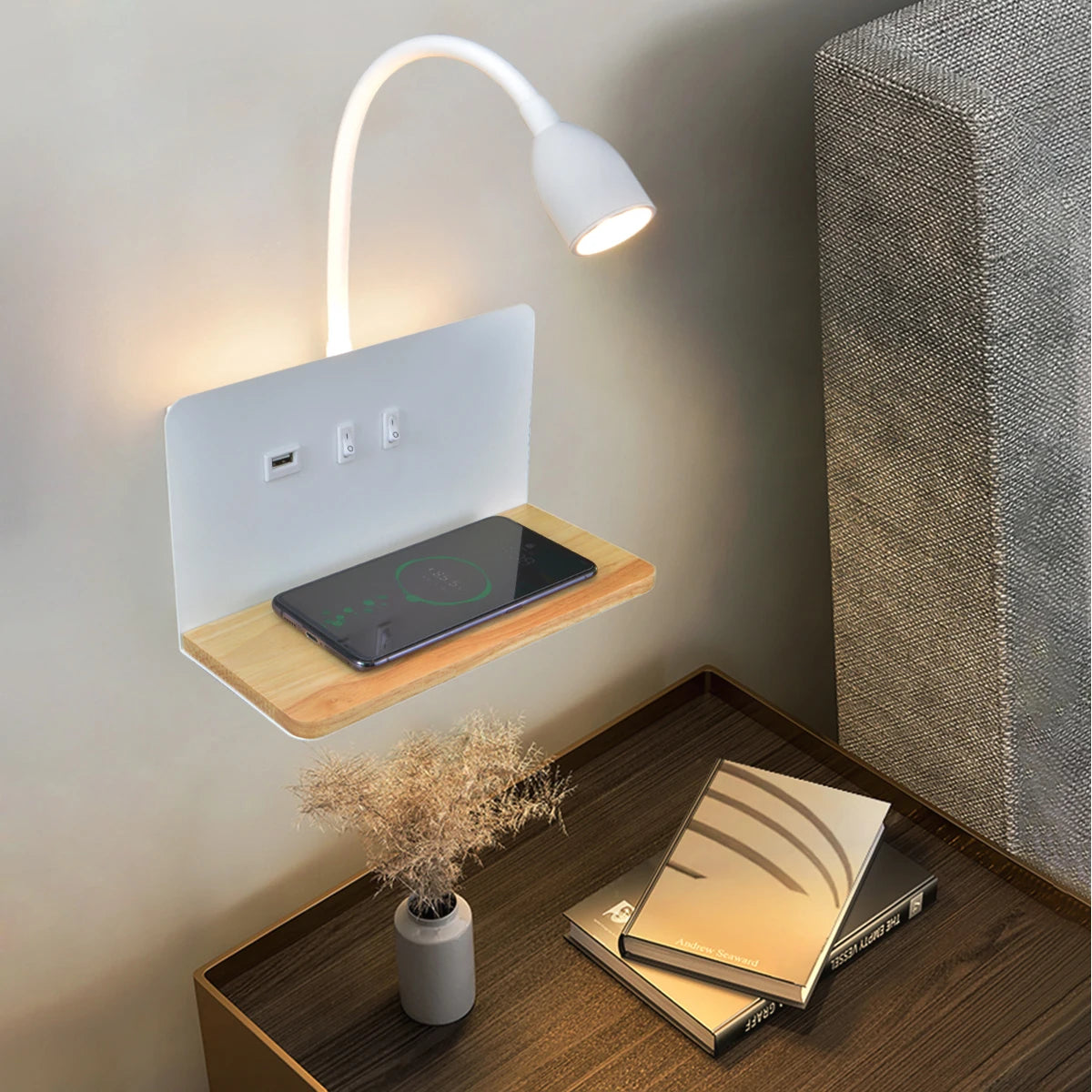 Purilite Select LED Wall Lamp – Indoor LED Lamp – 360° Rotatable Wall Light with USB Port & Wireless Charging – Modern Bedside Night Light with Switch - PuriLite