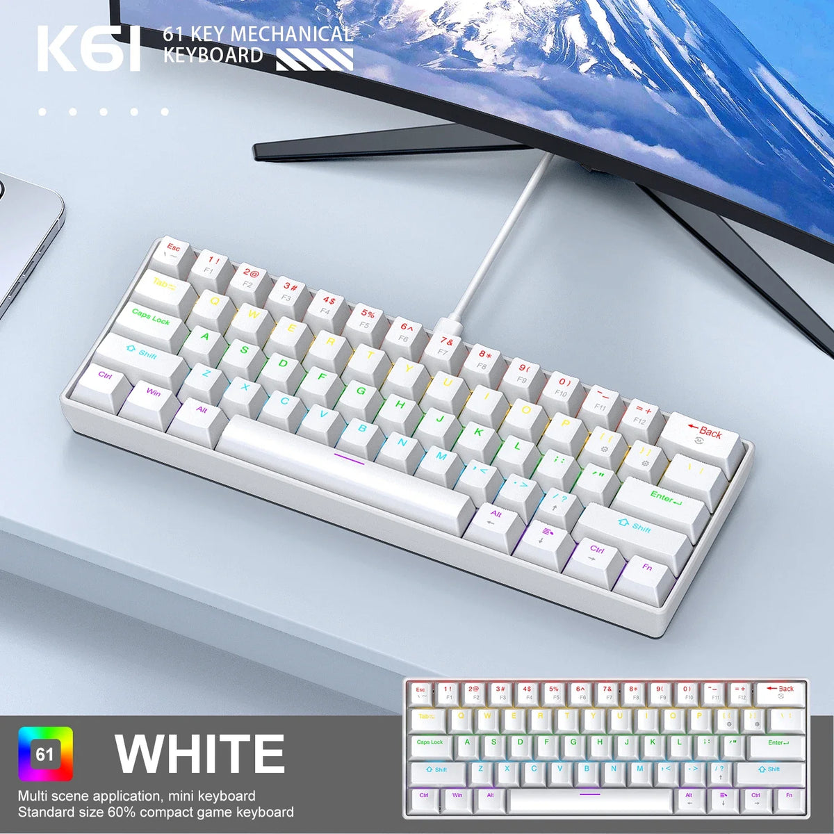 Purilite Select K61 Mini Wired Mechanical Keyboard – 60% Layout, RGB Backlit, Hot-Swappable - PuriLite
