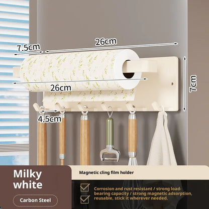 Purilite Select Magnetic Paper Towel Holder with 6 Hooks No Drill Refrigerator Organizer Kitchen Roll Rack for Utensils Towels and Accessories