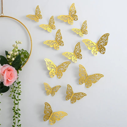 Purilite Select 12-Piece Gold Hollow Butterfly Wall Sticker Set – 3D Decorative Butterflies for Home, Wedding, and Garden Décor - PuriLite