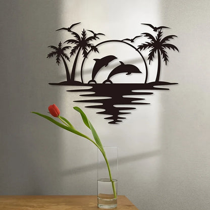 Purilite Select Creative Dolphin & Coconut Tree Beach Iron Wall Art | Indoor & Outdoor Metal Crafts Decoration for Living Room, Bedroom, Hallway, or Patio - PuriLite