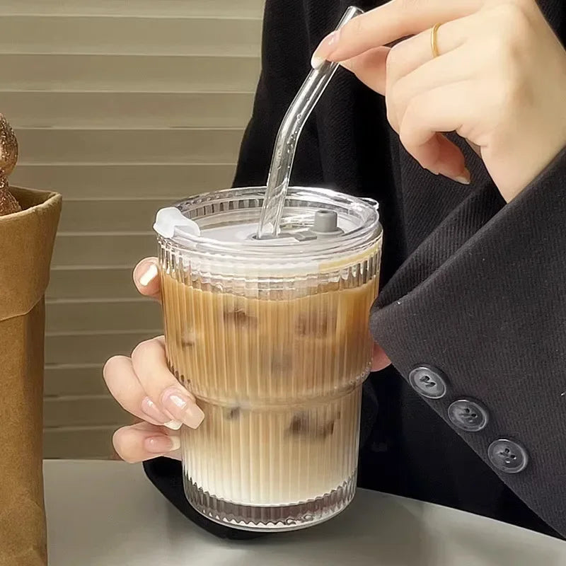 Purilite Select 600ml Stripe Glass Cup with Lid and Straw - PuriLite