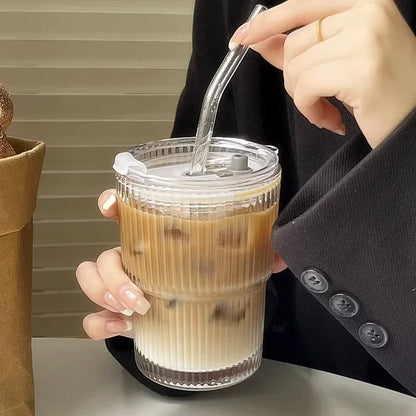 Purilite Select 600ml Stripe Glass Cup with Lid and Straw - PuriLite
