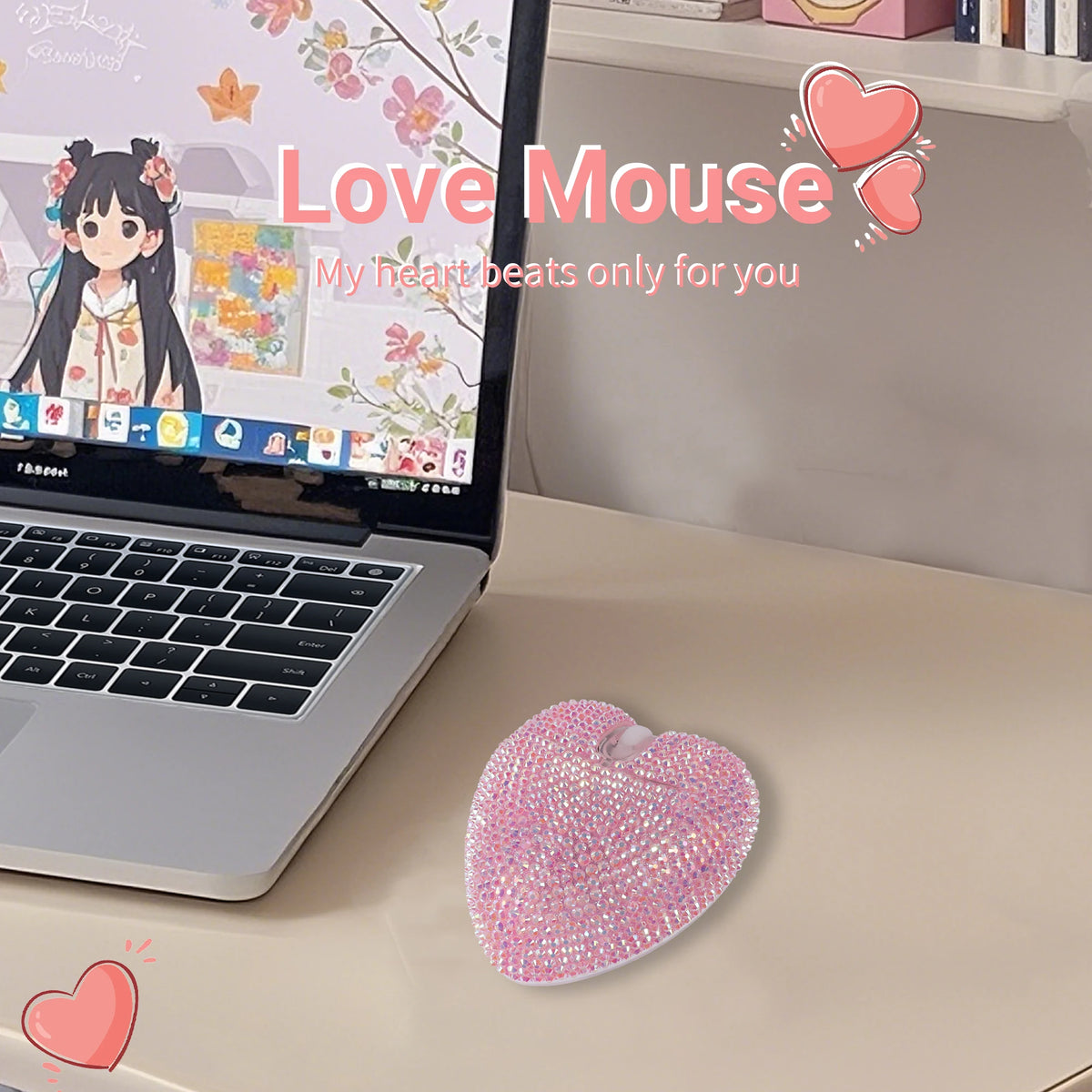 Purilite Select | Wireless Pink Dual-Mode Diamond Heart Mouse | Type-C Rechargeable Bluetooth Optical Ergonomic Mouse | Cute Mini Heart-Shaped Laptop Mouse for Girls - PuriLite