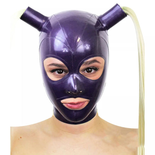 Purilite Select Purple Latex Hood Mask with Blond Double Ponytail Unisex Costume for Cosplay, Party, and Clubwear - PuriLite
