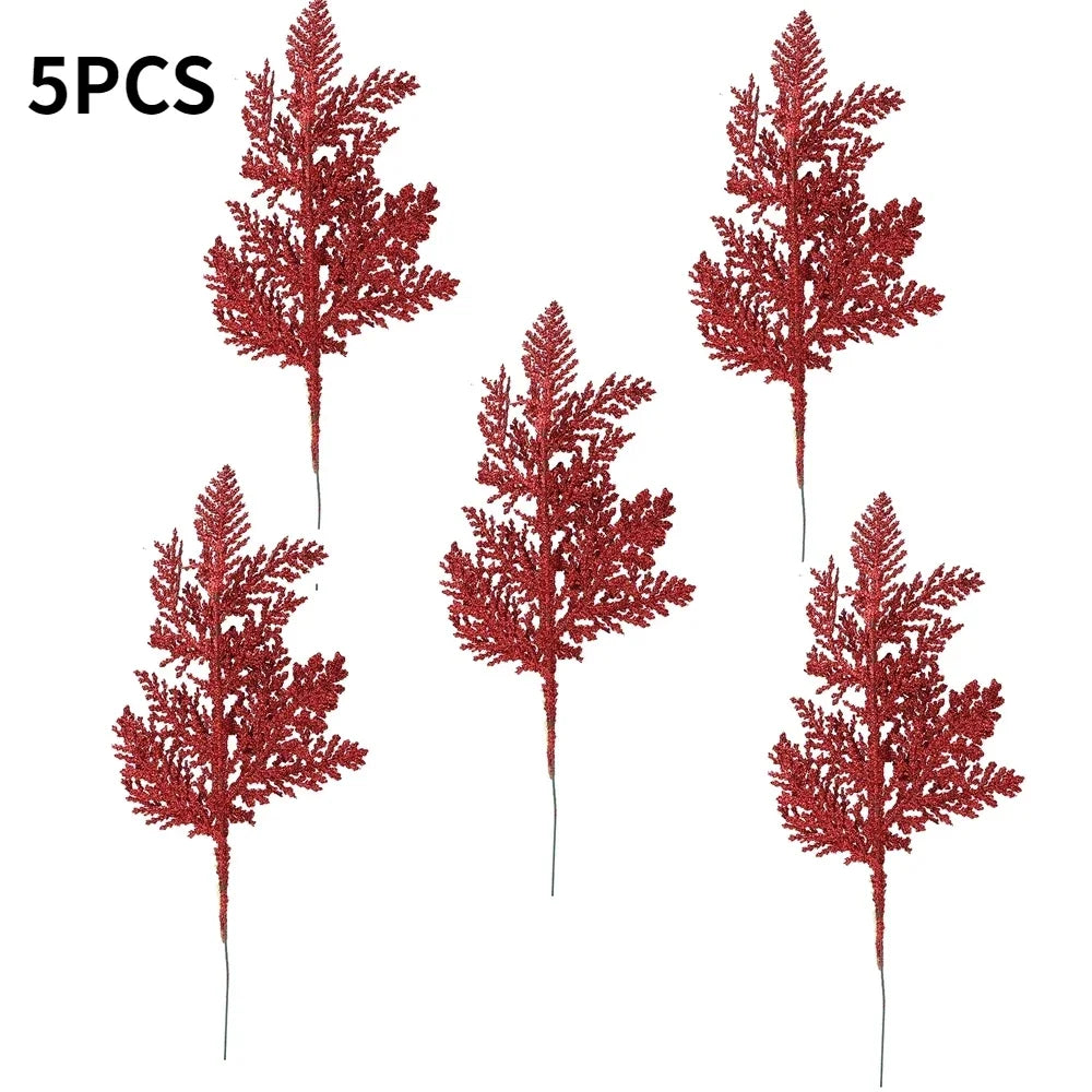 Purilite Select 5Pcs Glitter Artificial Pine Branches – Christmas Gold Leaves Ornament Set | Sparkling Xmas Tree & Home Decoration - PuriLite