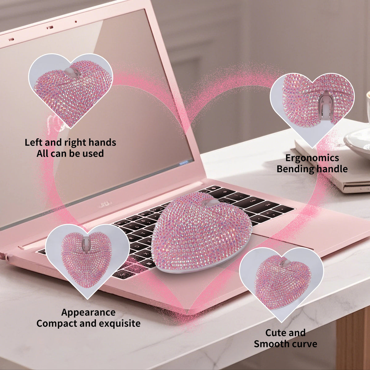 Purilite Select | Wireless Pink Dual-Mode Diamond Heart Mouse | Type-C Rechargeable Bluetooth Optical Ergonomic Mouse | Cute Mini Heart-Shaped Laptop Mouse for Girls - PuriLite