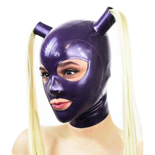 Purilite Select Purple Latex Hood Mask with Blond Double Ponytail Unisex Costume for Cosplay, Party, and Clubwear - PuriLite