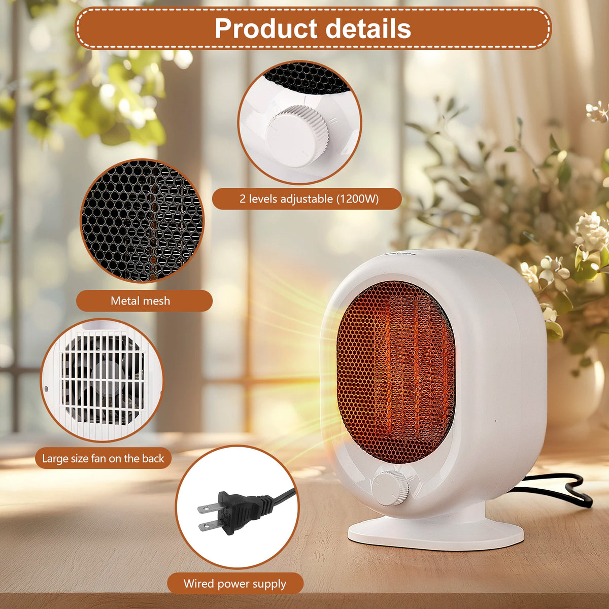 Desktop heater 3-second hot tilt power-off protection, silent timed home bedroom office mini heater - PuriLite