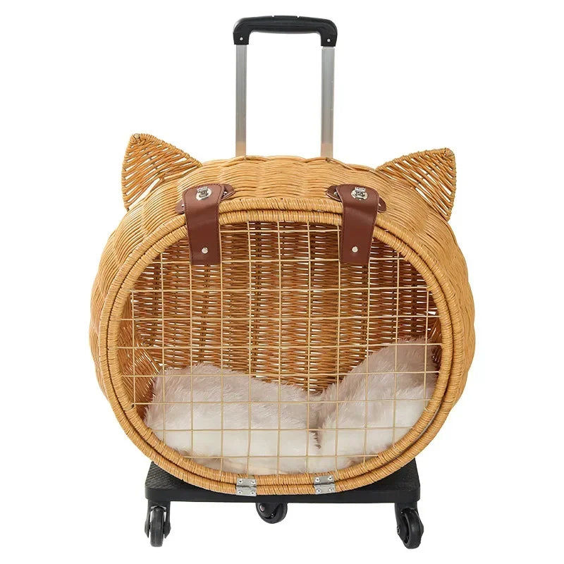 Breathable Cat Bag, Portable Pet Crate, Dog Tote Bag with Trolley, Handwoven Cat Cage, Lightweight Pet Luggage, Vintage Style - PuriLite